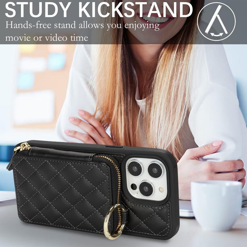 Hamany Crossbody Wallet Case for iPhone 14 Pro Max, PU Leather Zipper Handbag Purse Flip Cover, Kickstand Folio Case with Card Slots Holder Wrist Strap Lanyard 5G 6.7 Inch-Black - Image 4